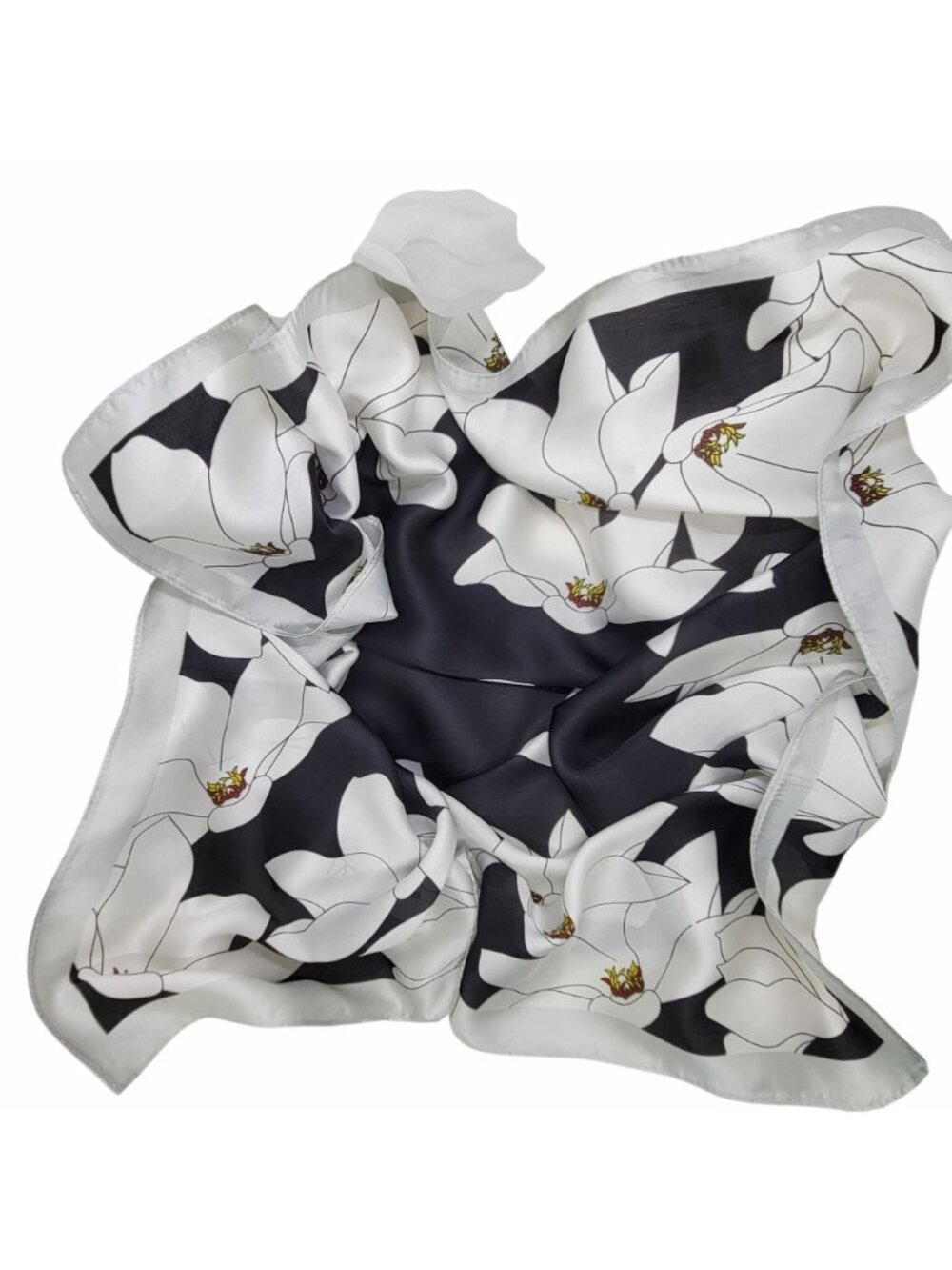 Luxurious Chic Silky Square Scarf Soft Black White Magnolia Floral Print Bandana - Picture 5 of 6